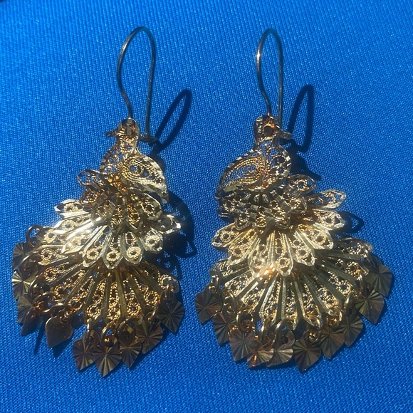18k Turkish Gold Peacock Chandelier Earrings - Picture 1 of 5